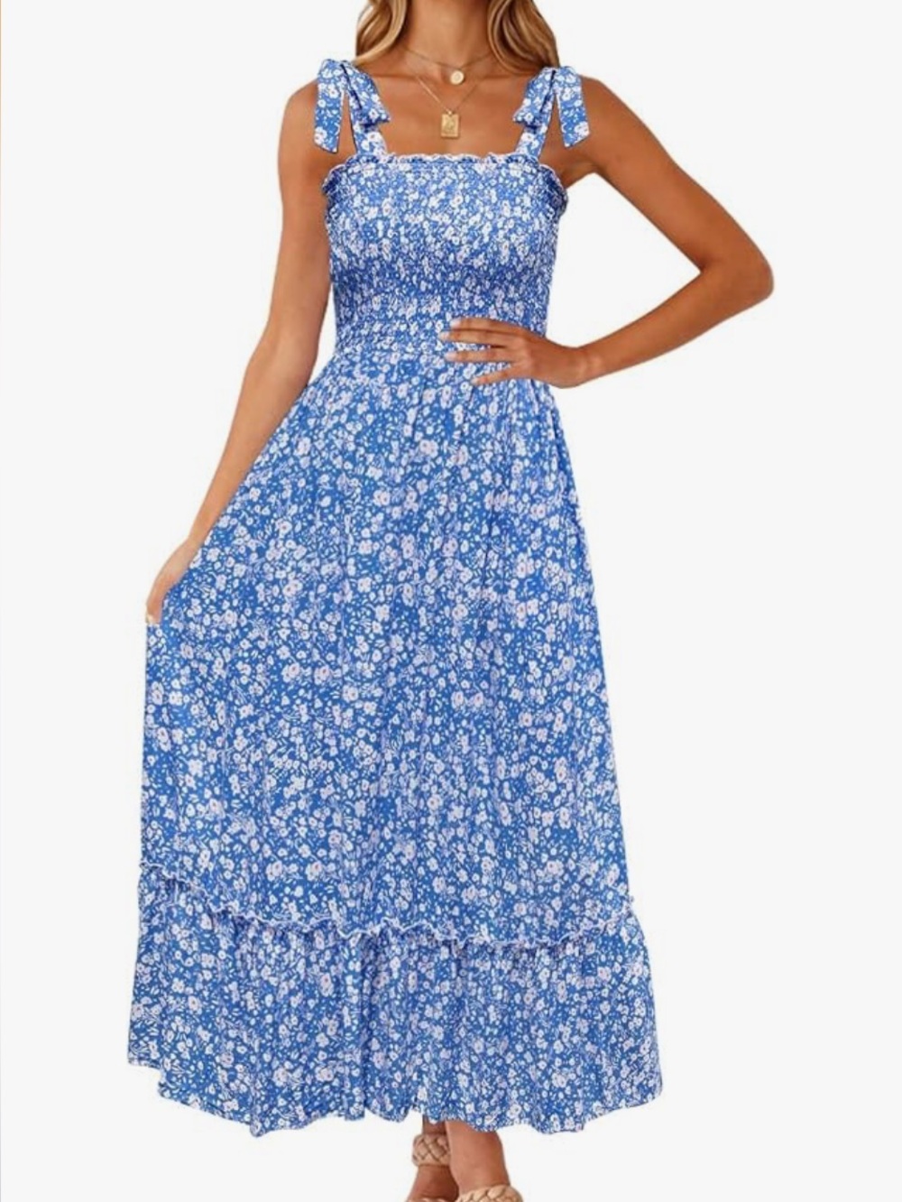 Blue White Floral Smocked Tie-Shoulder Maxi Dress